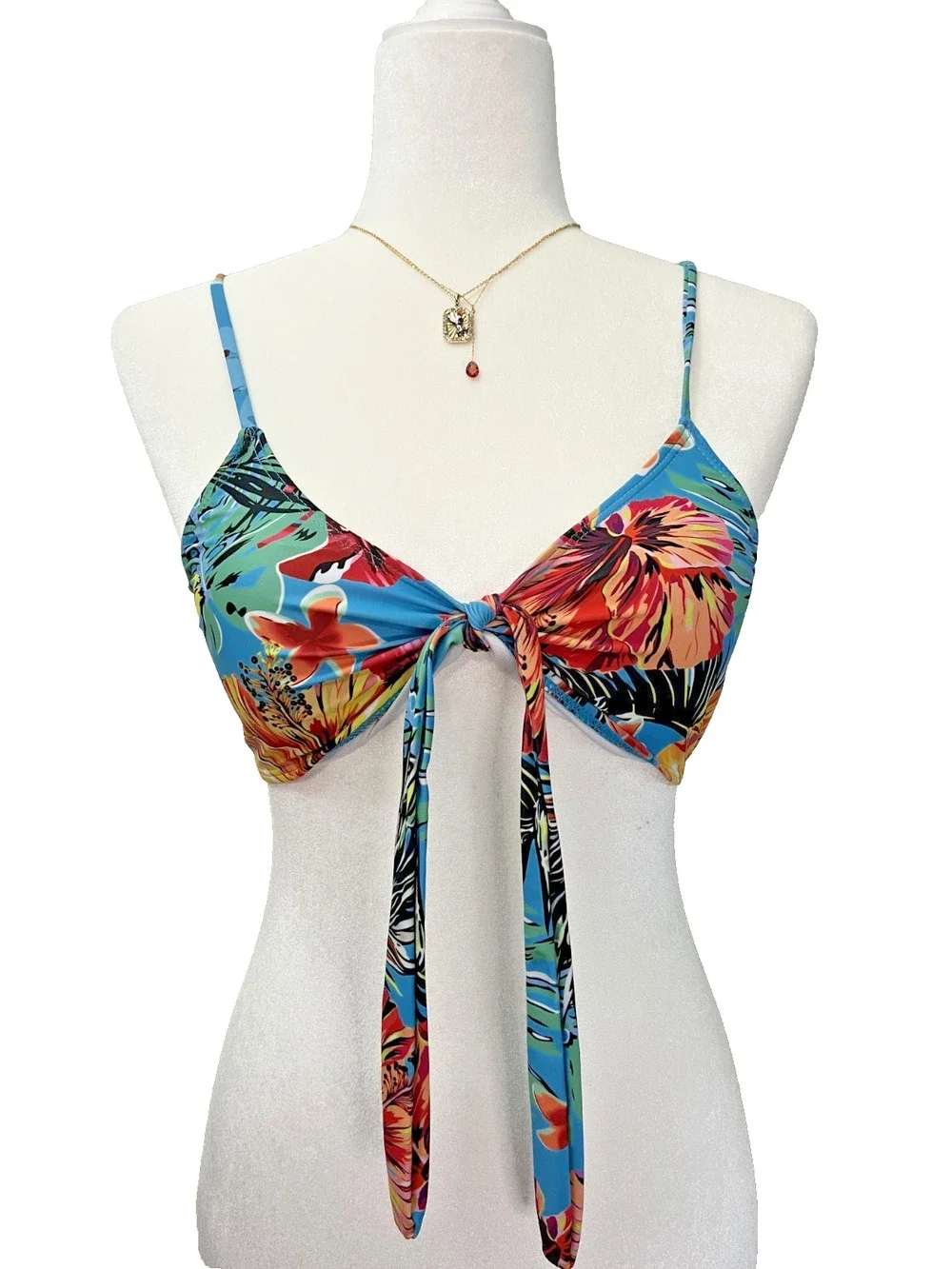 Women's Size Medium Blue Orange Red Bikini Bra Top Floral Beach Tie Padded Bra